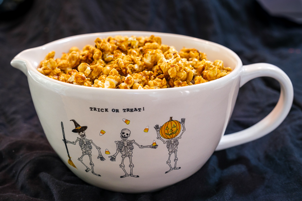 caramel corn in rae dunn mixing bowl